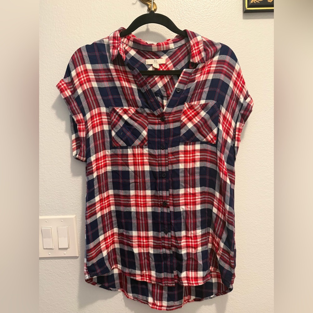 Navy and Red Plaid Women's Button-Down Shirt